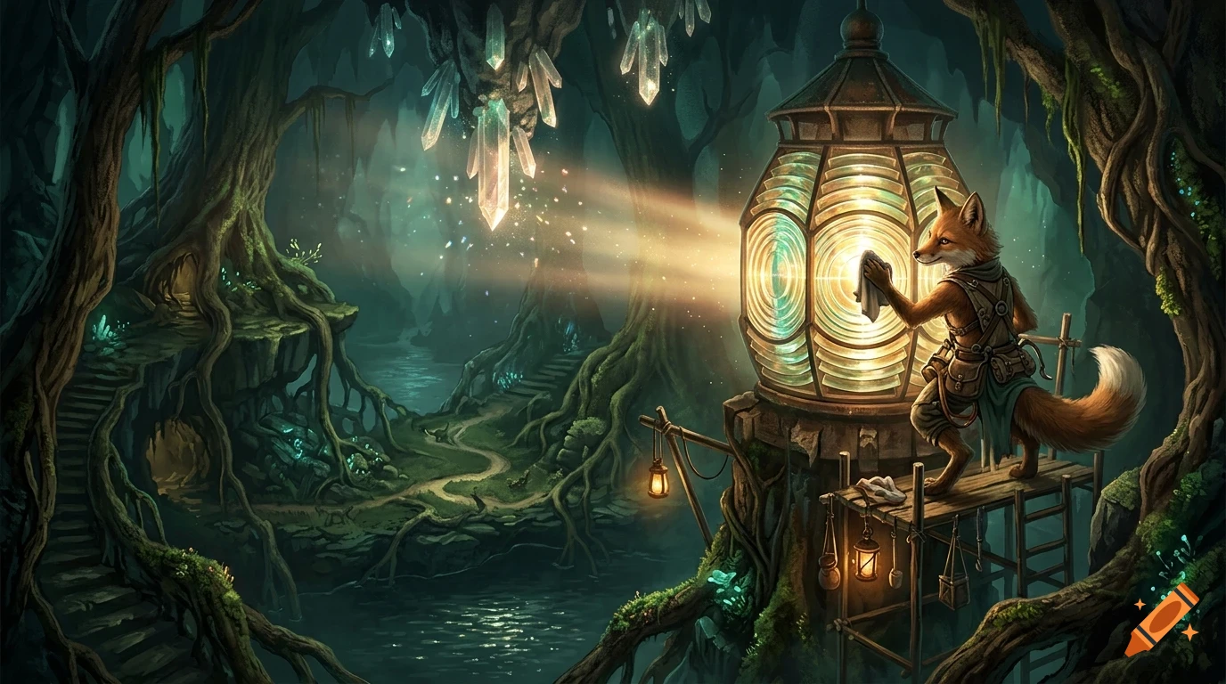 An anthropomorphic fox cleans the glass of a glowing lantern in a magical cave with crystals and roots.
