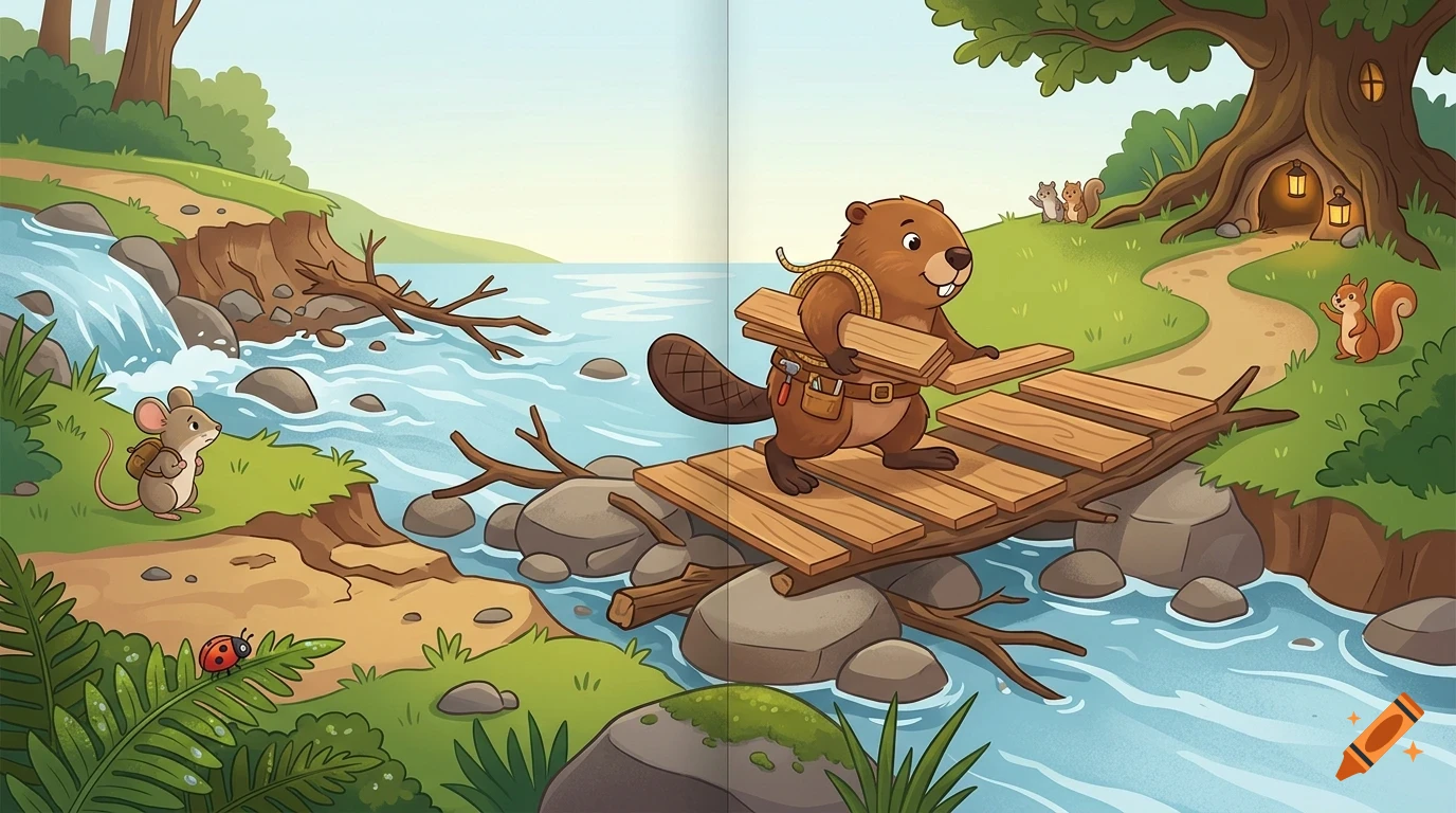 An illustration of a beaver carrying wooden planks across a bridge over a stream, with small animals and a treehouse in the background.