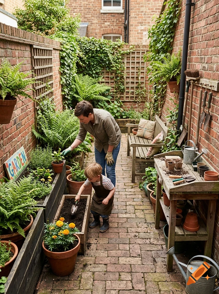 An adult and a small child gardening in a brick-paved courtyard surrounded by potted plants and brick walls.
