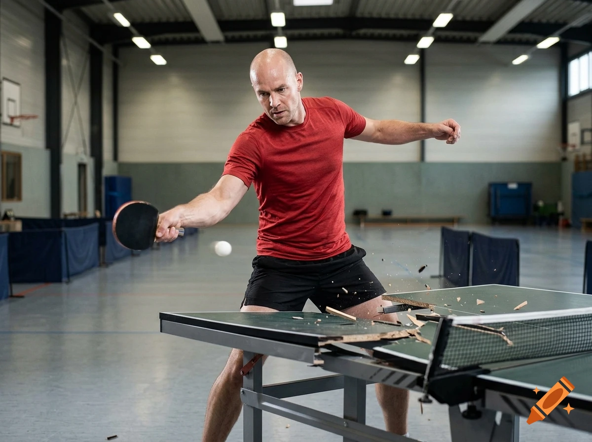 Photorealistic image of a bald man in a red t-shirt smashing a ping pong ball with a backhand shot, breaking the table.