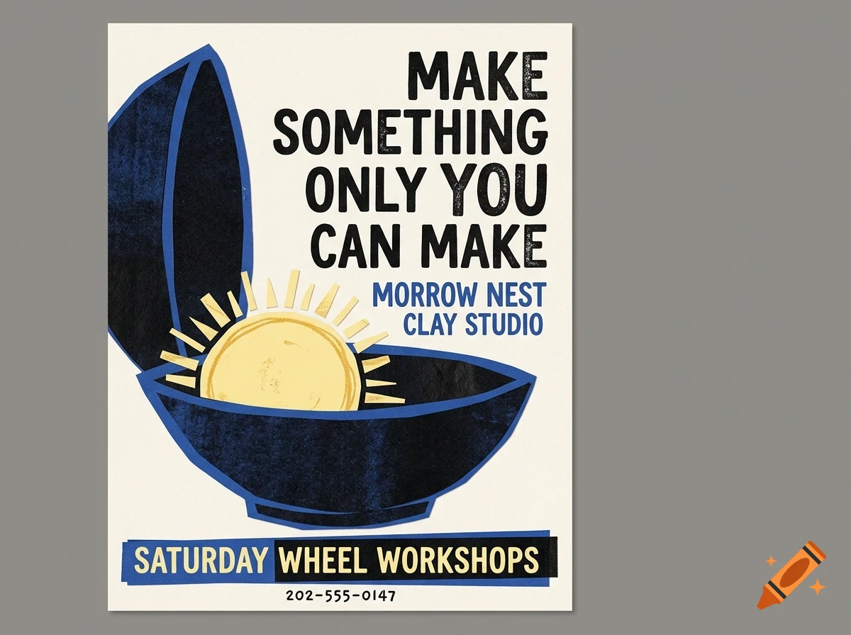 A poster with bold text reading "MAKE SOMETHING ONLY YOU CAN MAKE, MORROW NEST CLAY STUDIO, SATURDAY WHEEL WORKSHOPS, 202-555-0147" next to an illustration of an open dark blue ceramic bowl containing a glowing yellow sun.