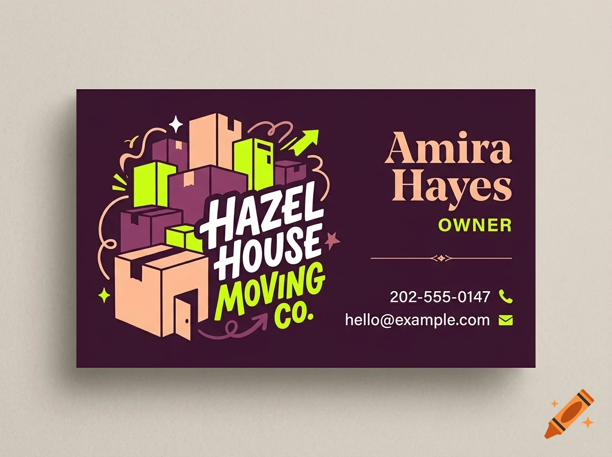 A business card for Hazel House Moving Co with a stacked box illustration and contact details.