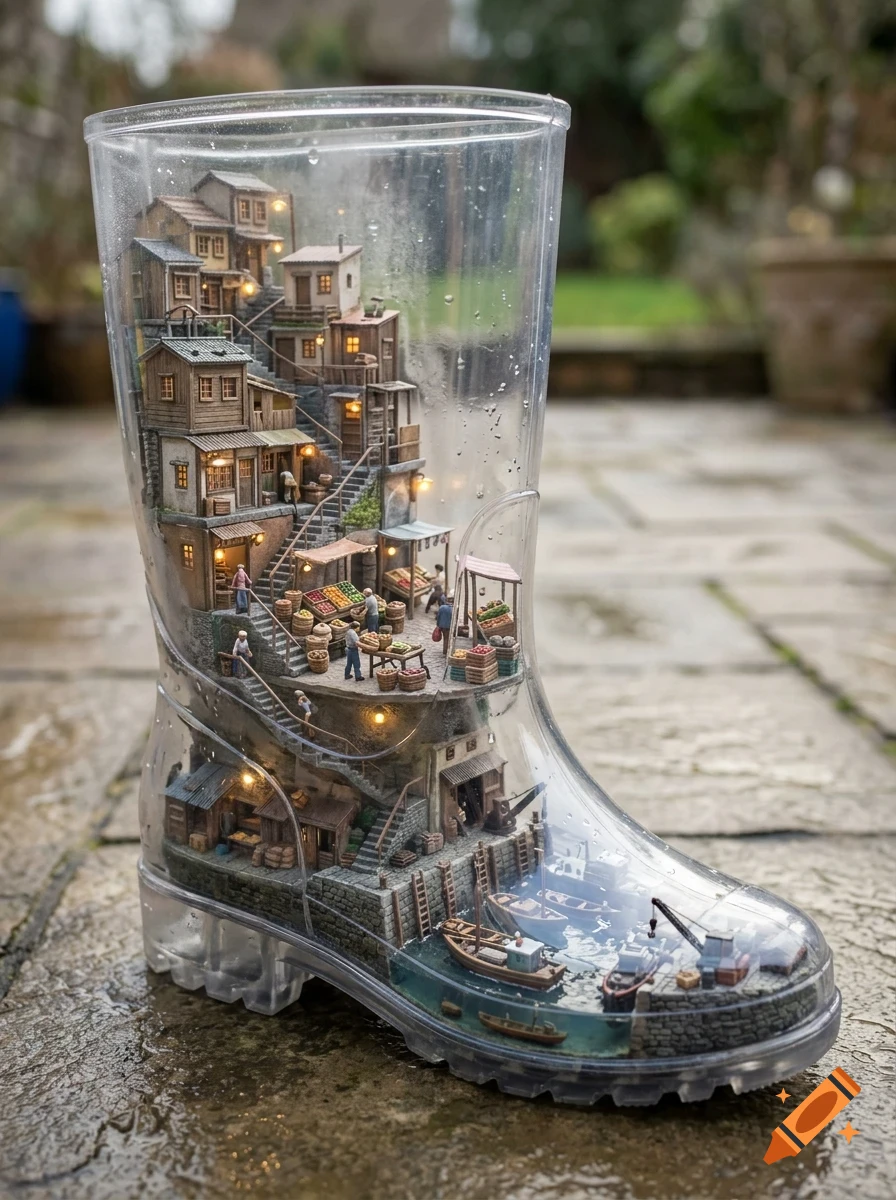 A detailed miniature village with tiny houses, shops, and a harbor built inside a transparent rain boot.