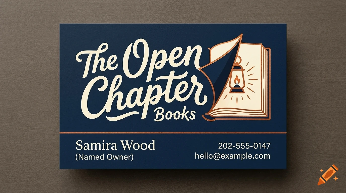 A dark blue business card for The Open Chapter Books featuring an open book with a lantern illustration and lettering.