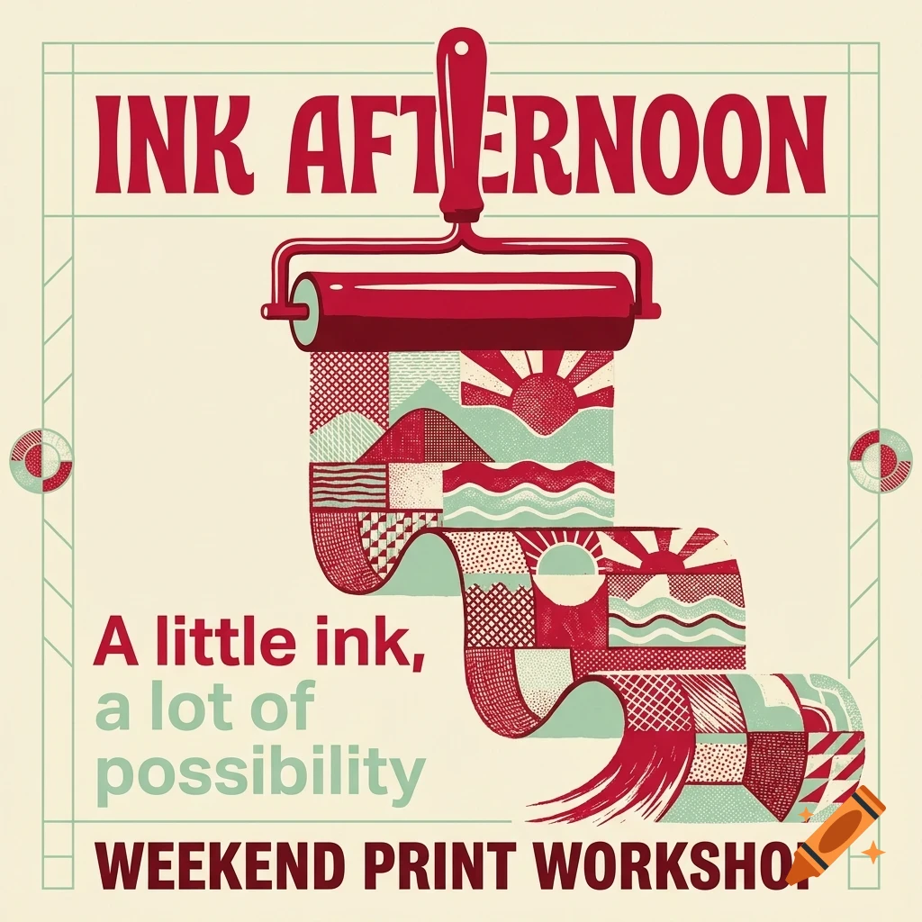 An illustrated poster featuring a red ink roller unrolling a patterned print with mountains, sun, and waves, with the text Ink Afternoon.