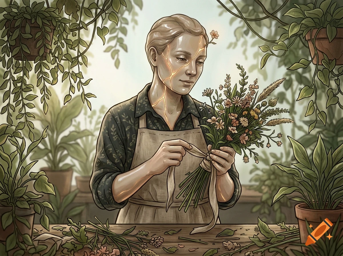 An illustration of a person with cracked skin and a glowing golden light inside, wearing an apron and arranging a bouquet of flowers in a greenhouse.