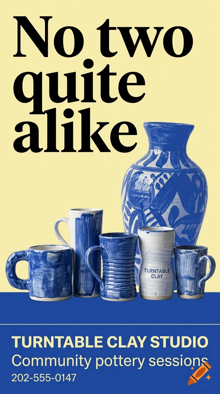 An advertisement featuring blue and white ceramic pottery and mugs with the text No two quite alike and Turntable Clay Studio.