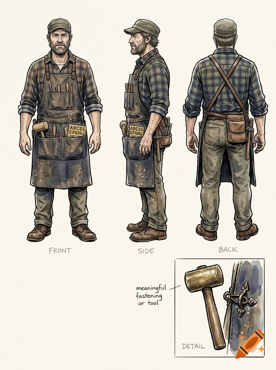 Character design sheet showing front, side, and back views of a bearded male carpenter wearing a plaid shirt, work pants, and an apron with tools.