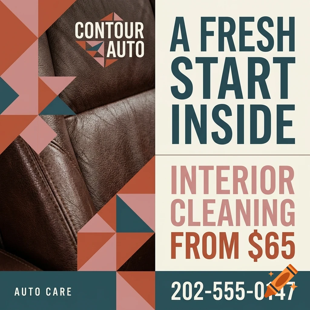 An advertisement for Contour Auto Care featuring a close-up of a brown leather car seat, geometric shapes, and text reading 'A fresh start inside', 'Interior cleaning from $65', and a phone number.