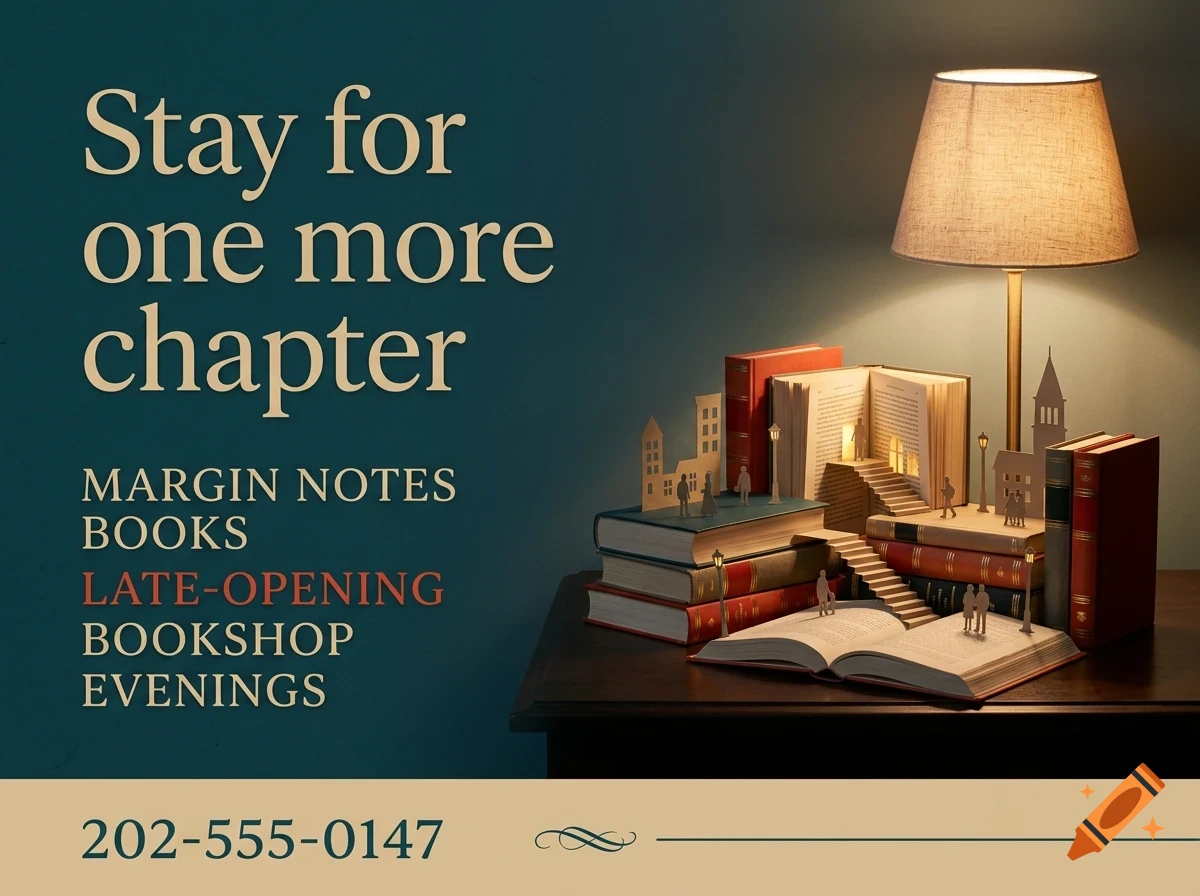 An advertisement for Margin Notes Books featuring a stack of books with miniature paper cutouts of buildings and people, illuminated by a table lamp, with text reading Stay for one more chapter.