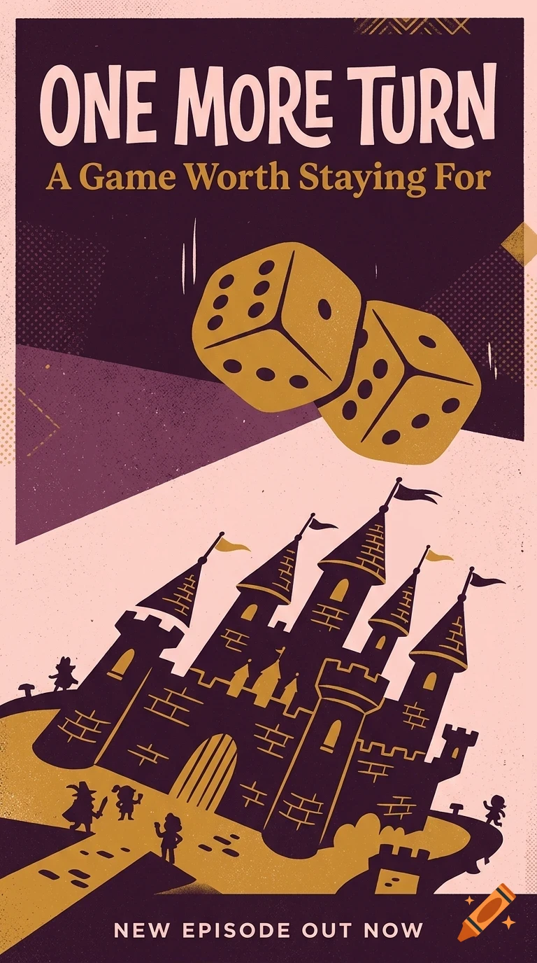 A poster featuring a castle, dice rolling above it, and text reading 'One More Turn', 'A Game Worth Staying For', and 'New Episode Out Now'.