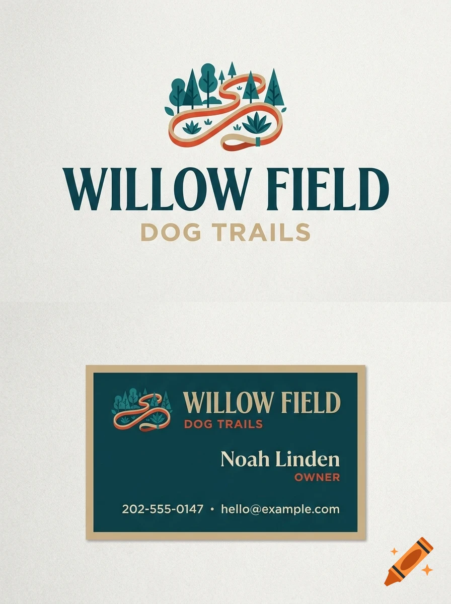 Logo and business card design for Willow Field Dog Trails featuring a winding path through trees.