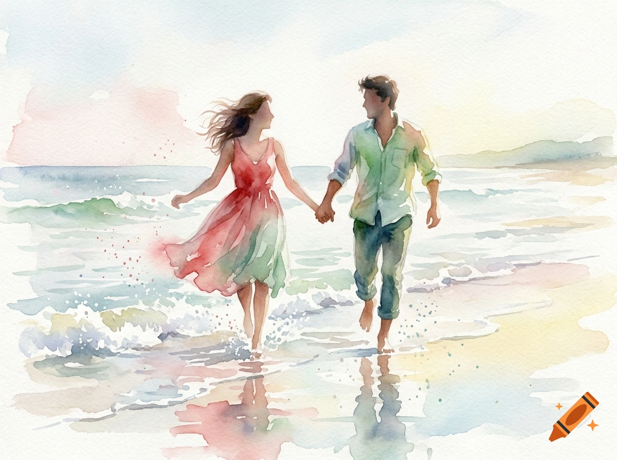 Watercolor painting of a young couple holding hands and running along a beach.