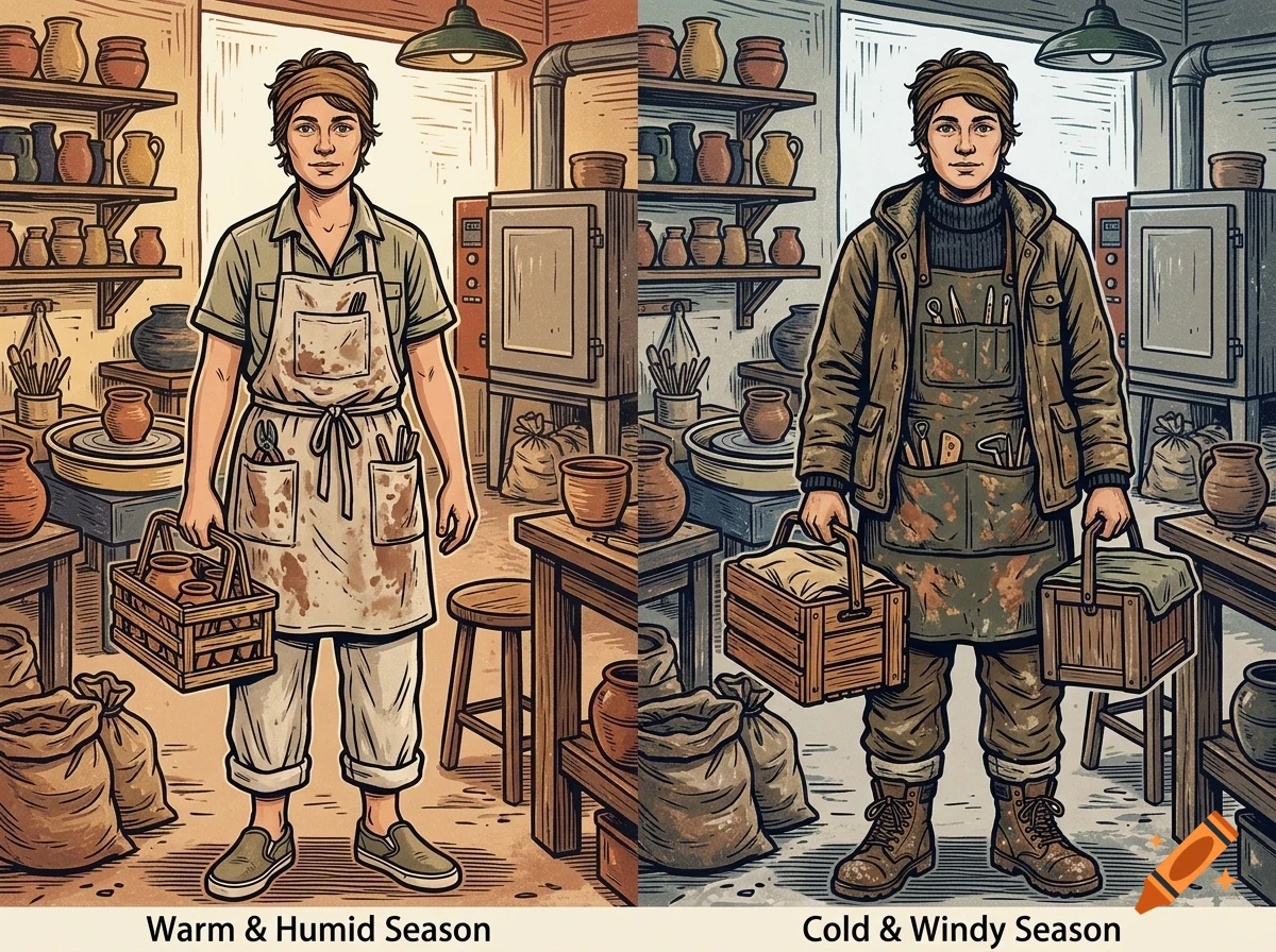 An illustrated comparison of a potter in a pottery studio during warm and cold seasons.