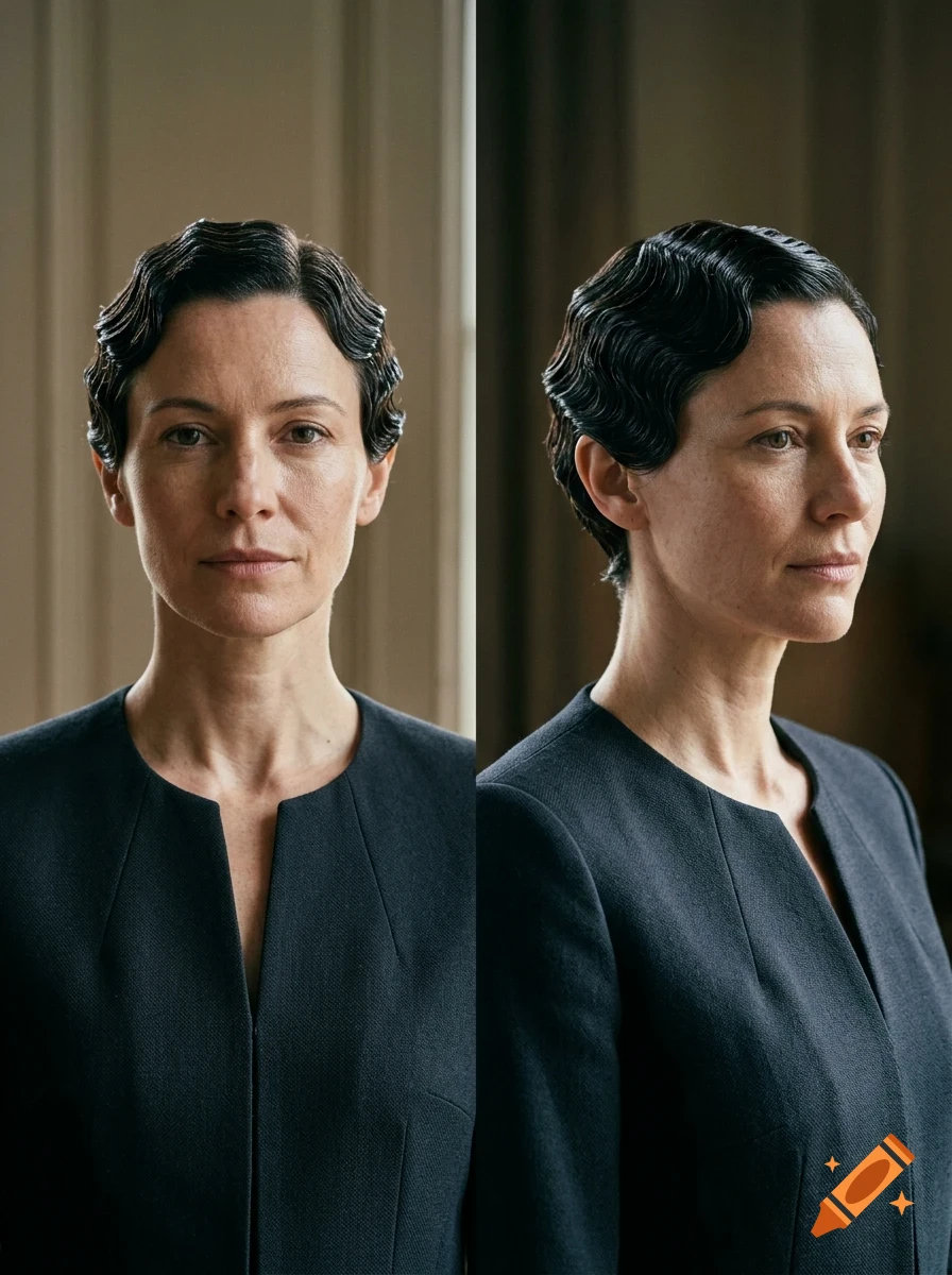 Two-angle portrait of a woman with dark finger-waved hair wearing a dark collarless jacket.