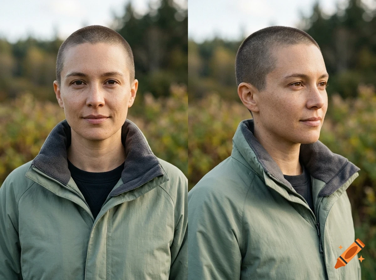Two-angle portrait of a person with a shaved head wearing a green jacket.