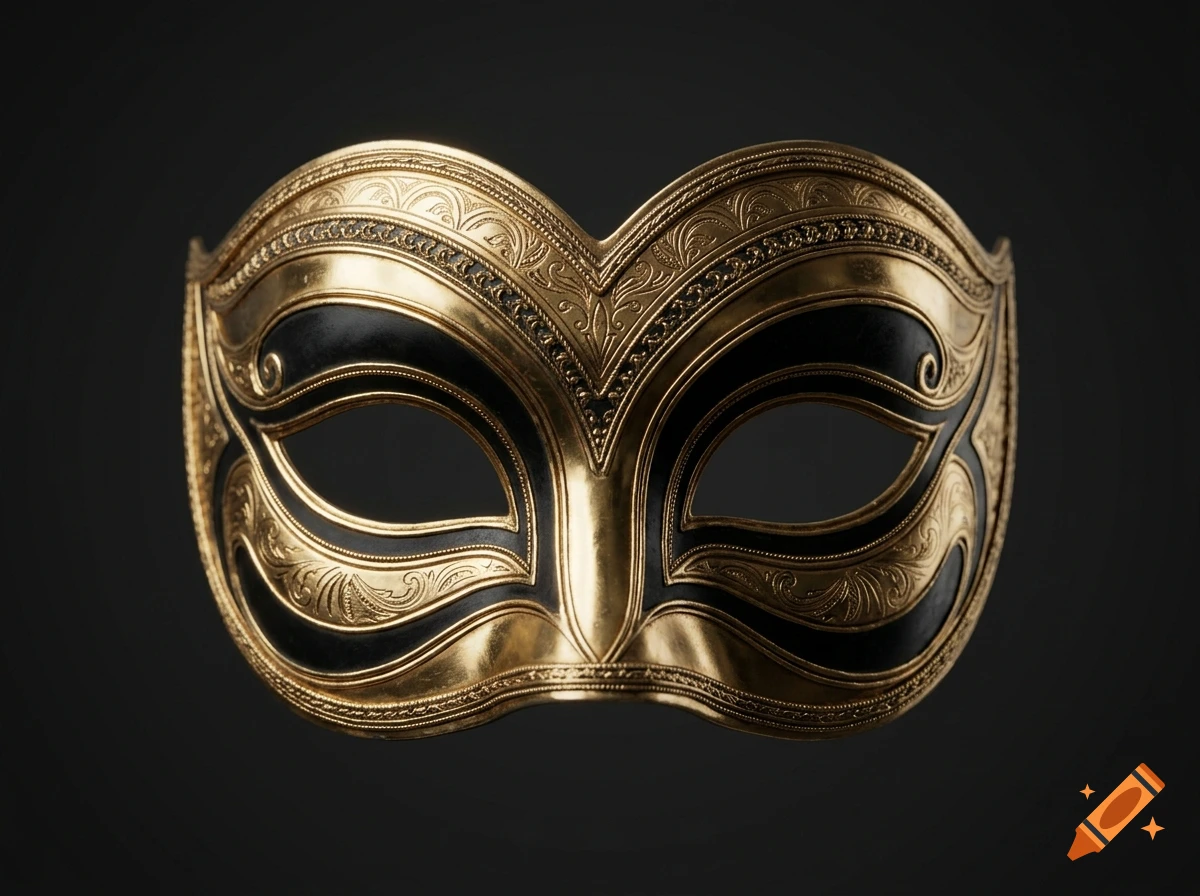 An ornate black and gold masquerade mask against a dark grey background, photorealistic style.