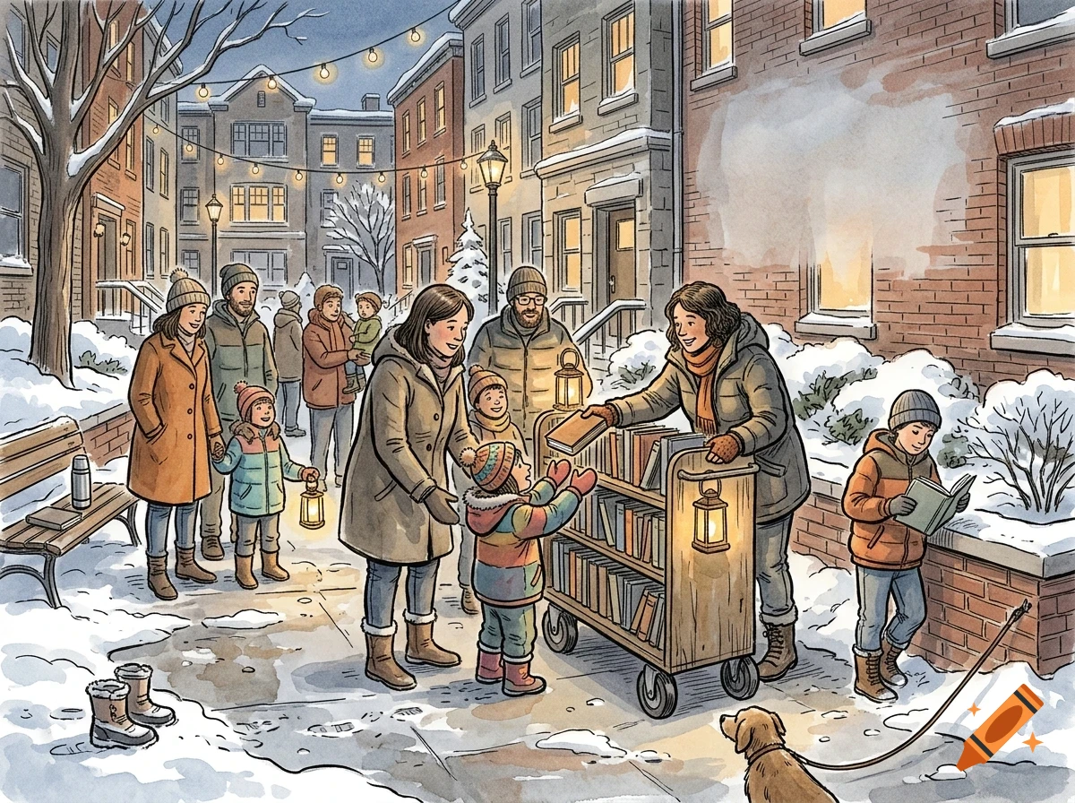People browsing and sharing books from a mobile wooden book cart on a snowy city street at dusk.