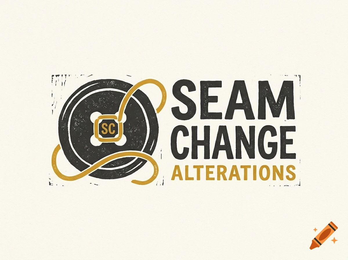 Logo featuring a dark grey button with gold thread and the text SEAM CHANGE ALTERATIONS.