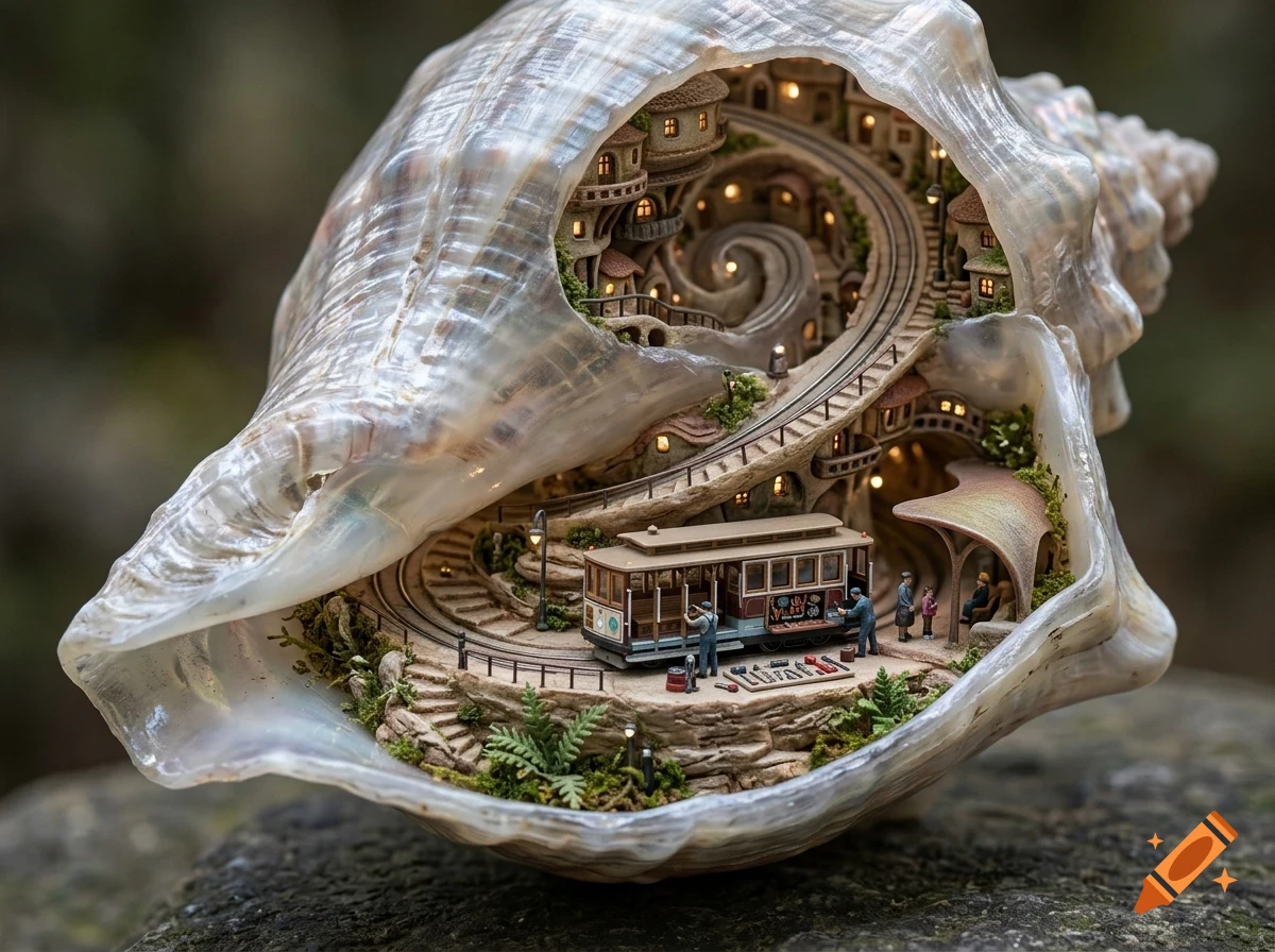 A miniature world inside a large seashell, featuring a tiny village, winding staircases, and a cable car with people.