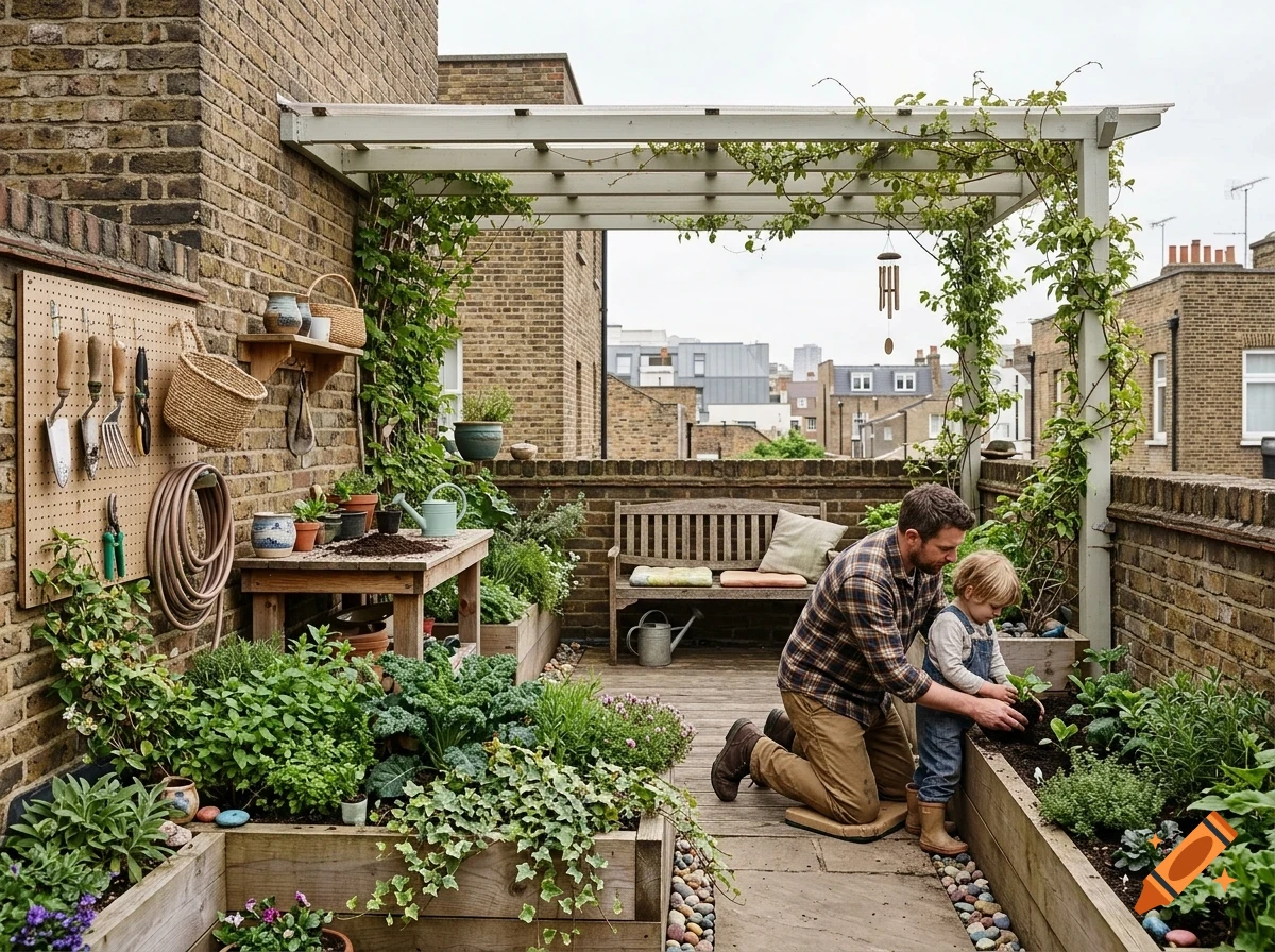 An adult and a child kneeling together while gardening in raised wooden planters on a rooftop terrace.