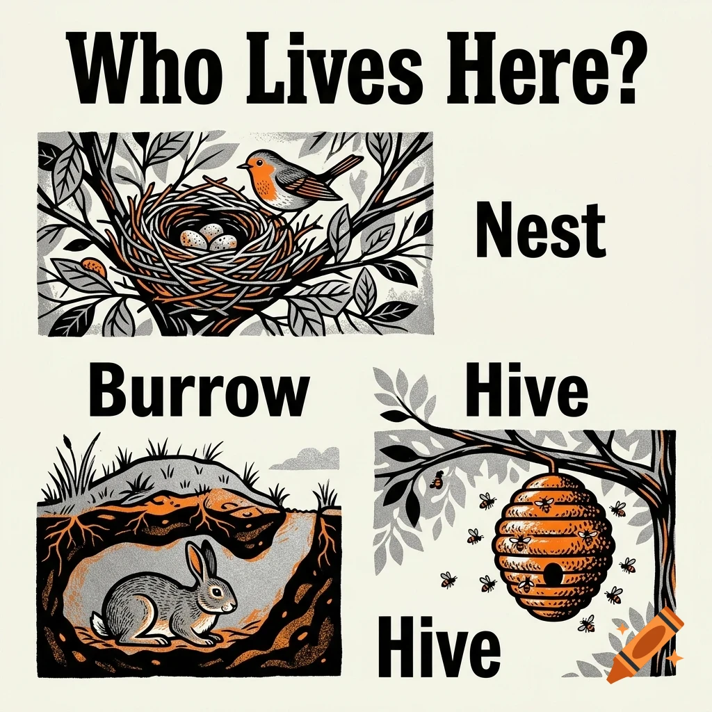An educational illustration showing a bird in a nest, a rabbit in a burrow, and bees around a hive, with text labeling each habitat.