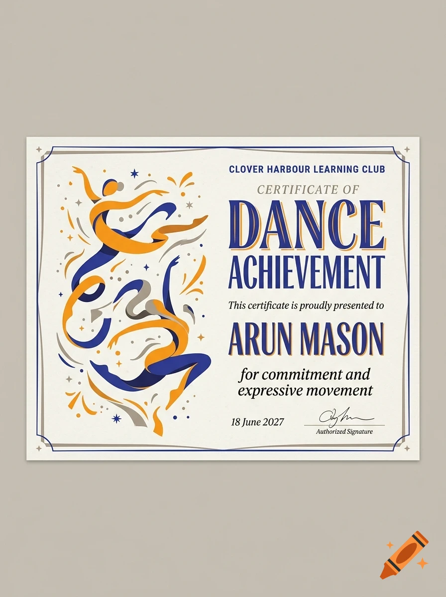 Certificate of Dance Achievement awarded to Arun Mason for commitment and expressive movement, featuring stylized figures and blue and gold graphics.