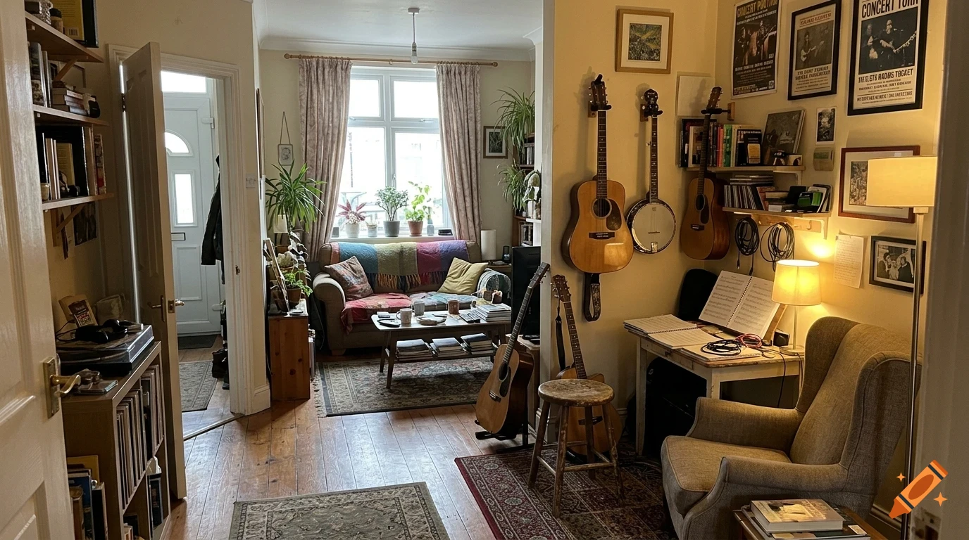 A cozy, well-lit living room interior with guitars hanging on the wall, a sofa, armchair, and bookshelves.