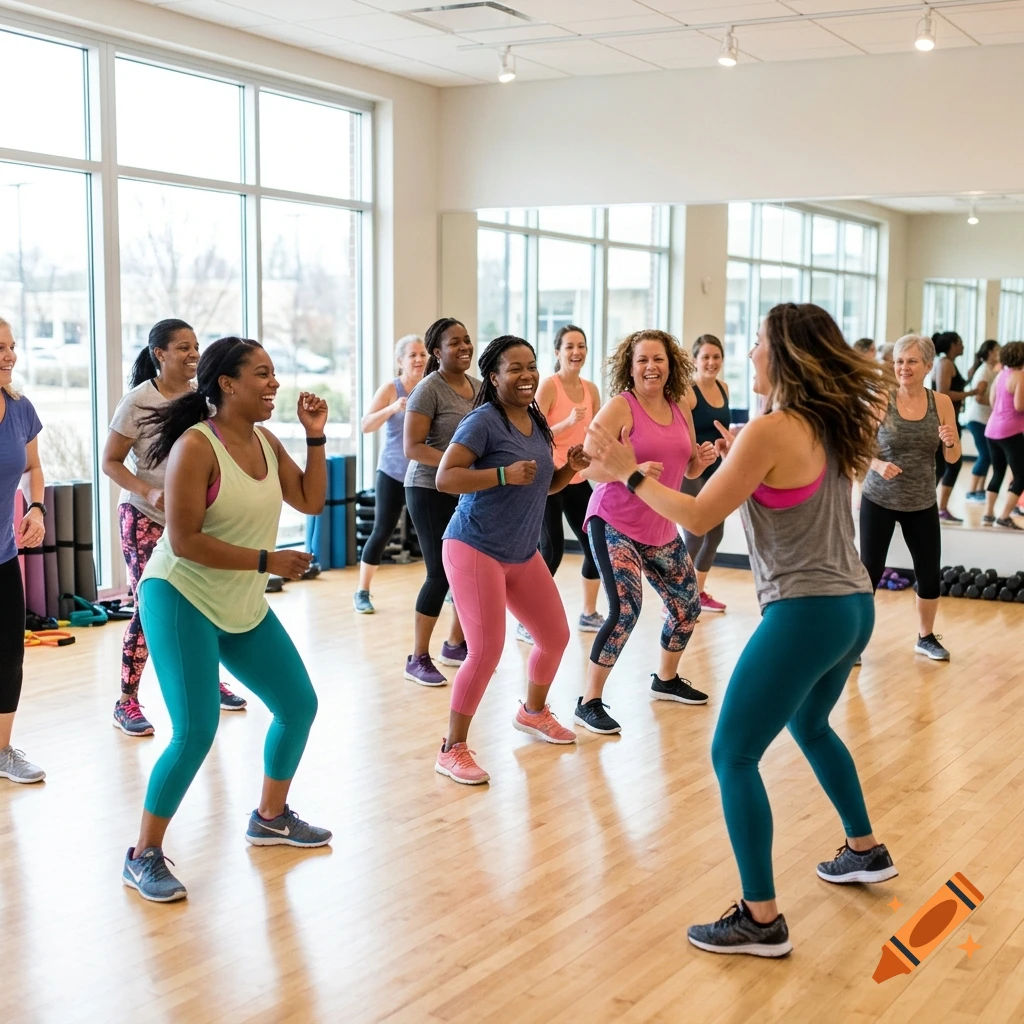 A diverse group of women smiling and dancing in a bright fitness studio with large windows and wooden floors.
