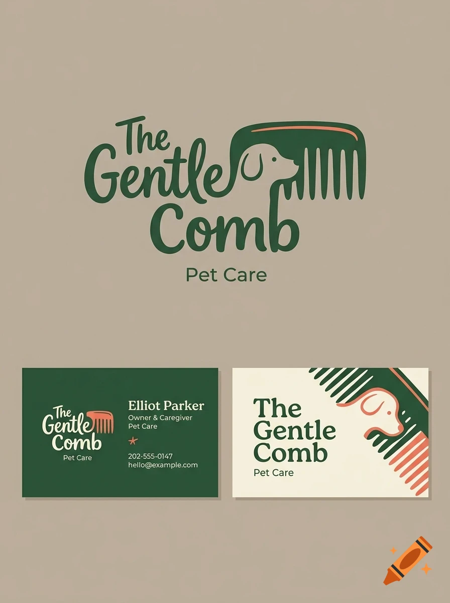 A logo design featuring a dog profile integrated into a comb with the text The Gentle Comb Pet Care, shown above two business card mockups.