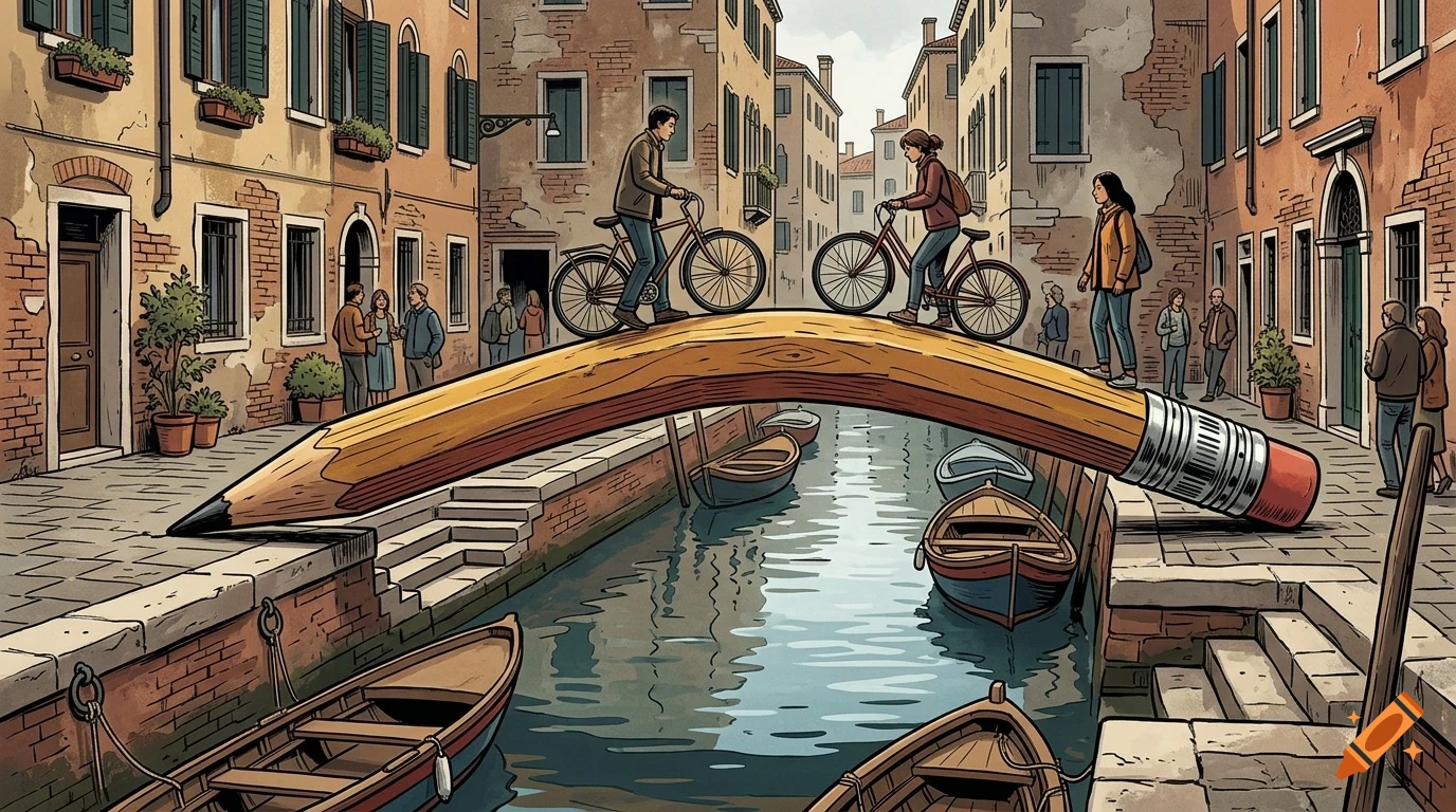 An illustrated street scene of a canal in Venice, with a giant wooden pencil serving as a bridge where people are riding bicycles.