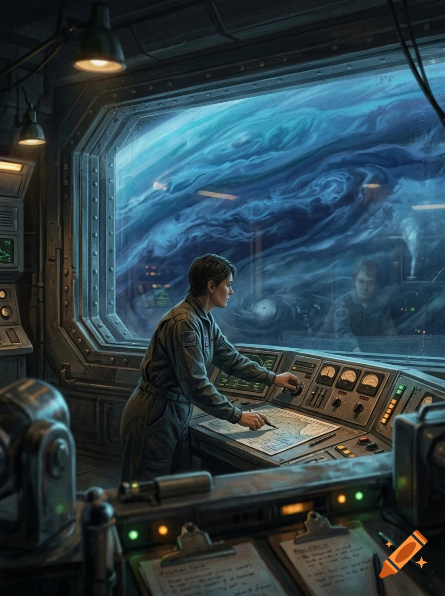 An astronaut in a jumpsuit operates controls at a console in a spaceship control room, looking out a large window at a swirling blue planet.