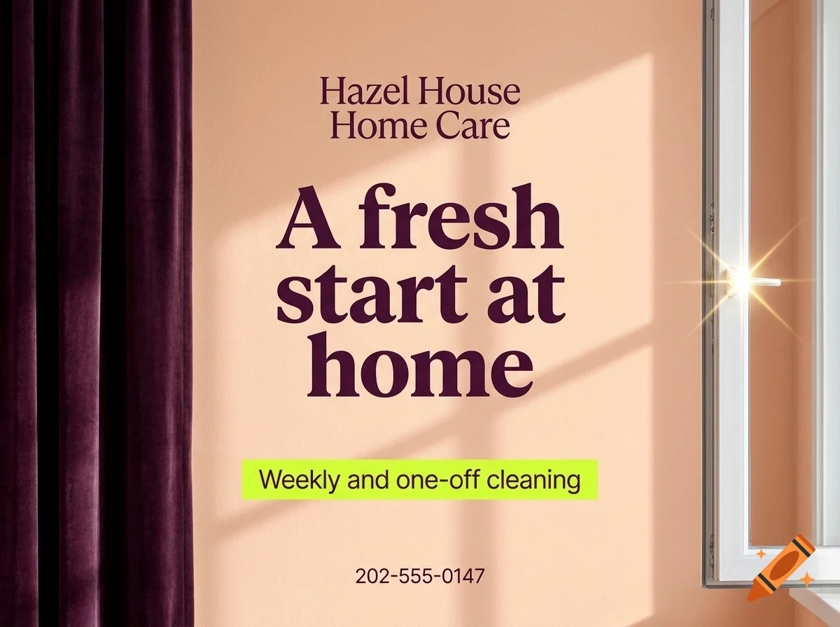 An advertisement for Hazel House Home Care featuring text on a peach-colored wall, a dark curtain on the left, and an open window on the right.