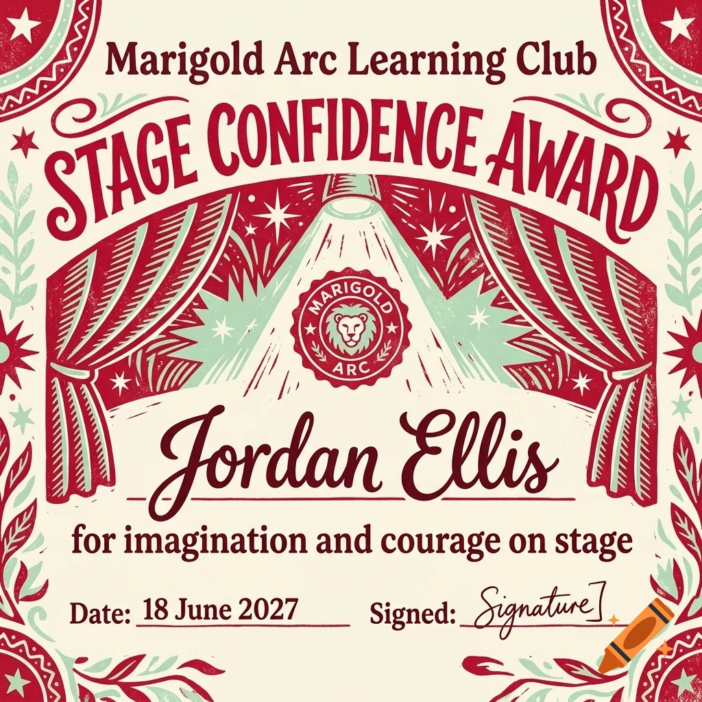 An award certificate featuring ornate red and green borders, theatrical curtains, and a spotlight shining down on a seal, with lettering that reads Stage Confidence Award.