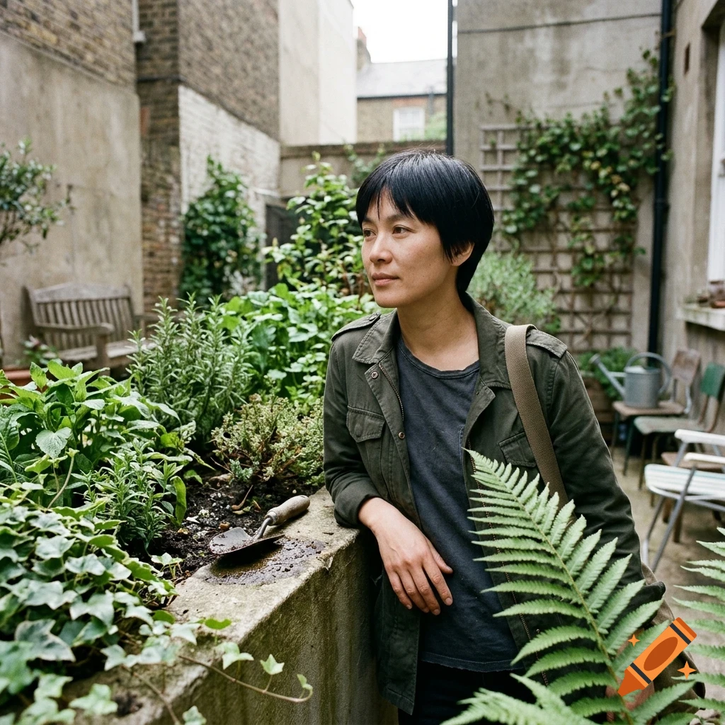A woman standing in an urban garden courtyard next to a raised planter bed.