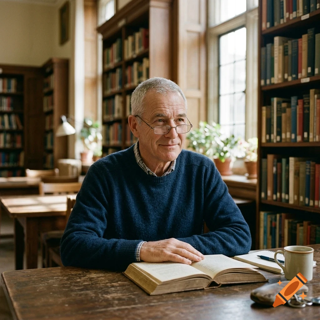 An older man with glasses wearing a blue sweater is sitting at a wooden table reading a book in a library.