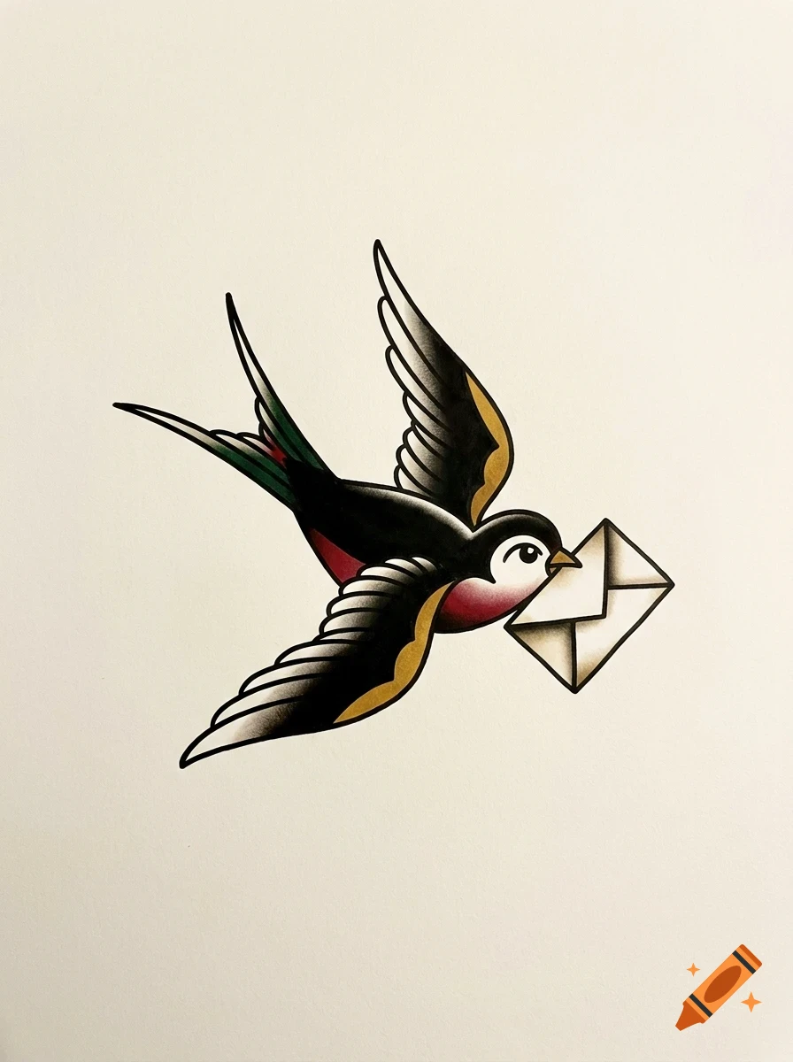 A swallow carrying an envelope in its beak, rendered in a traditional tattoo flash style.