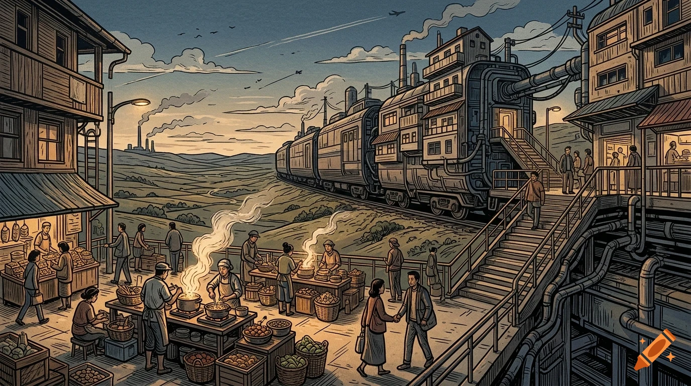 An illustrated view of a bustling railway station market with vendors selling food, people walking, and a large steampunk-style train arriving.