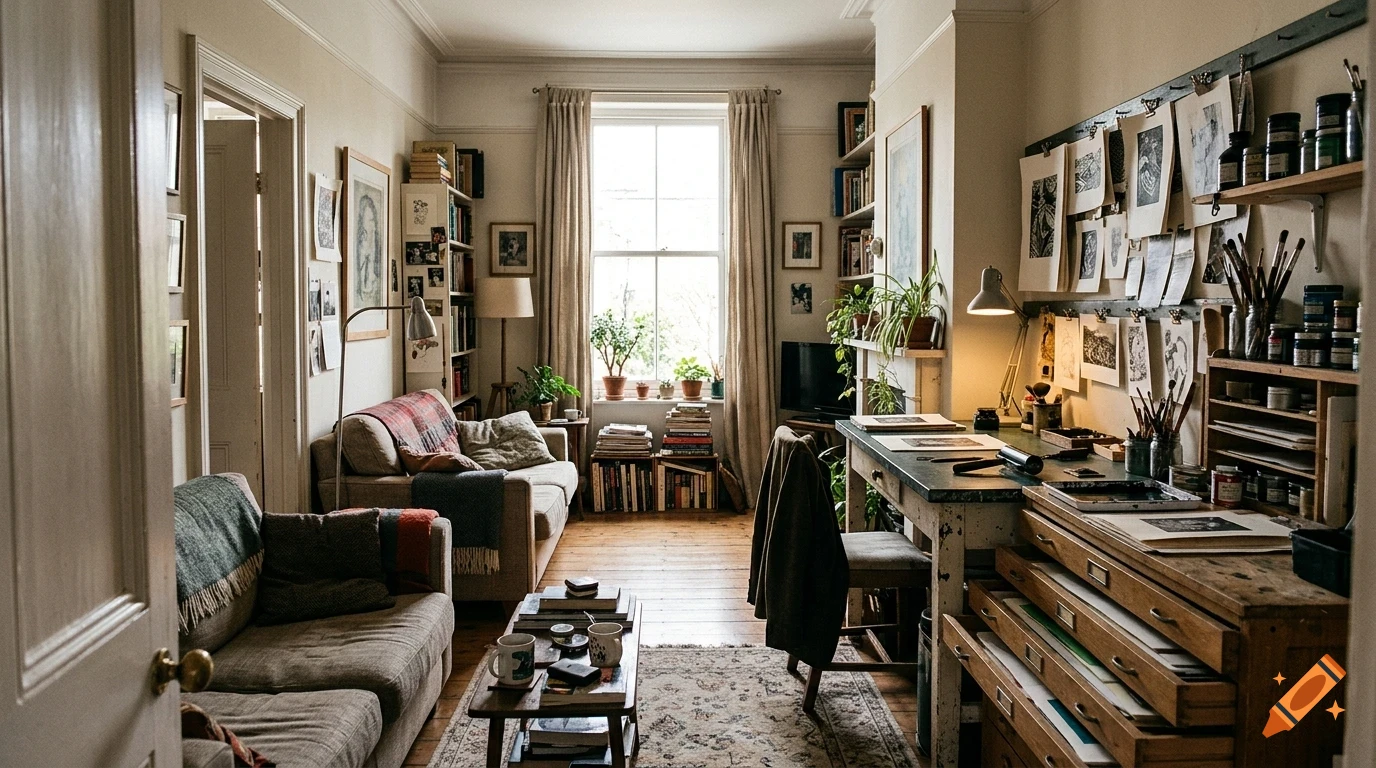 A cozy, well-lit artist studio apartment with two sofas, a wooden desk laden with art supplies, shelves of books, and artwork pinned to the wall.