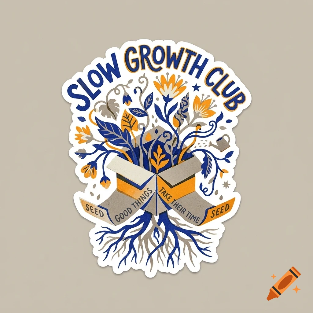 An illustrated sticker with the text SLOW GROWTH CLUB and flowers growing out of a box with roots below.
