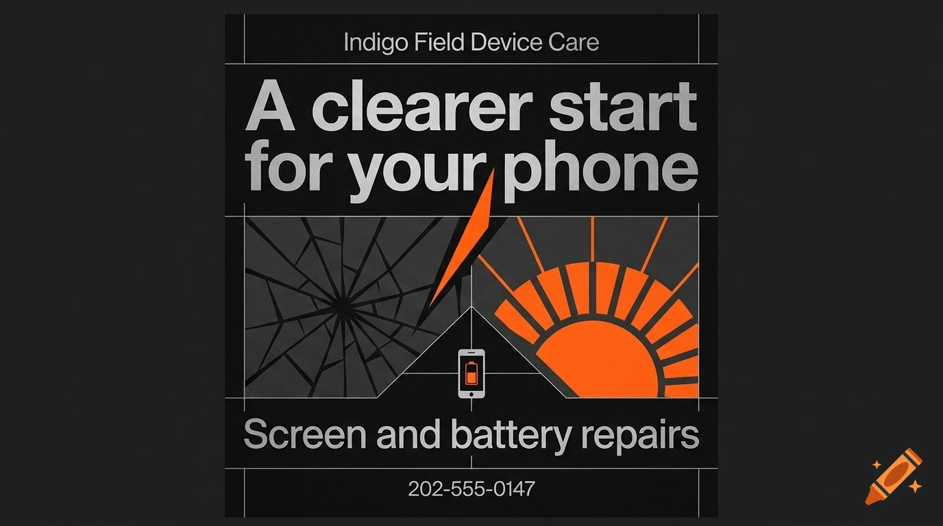 An advertisement for device care showing a cracked phone screen on the left and a repaired screen with a rising sun on the right.