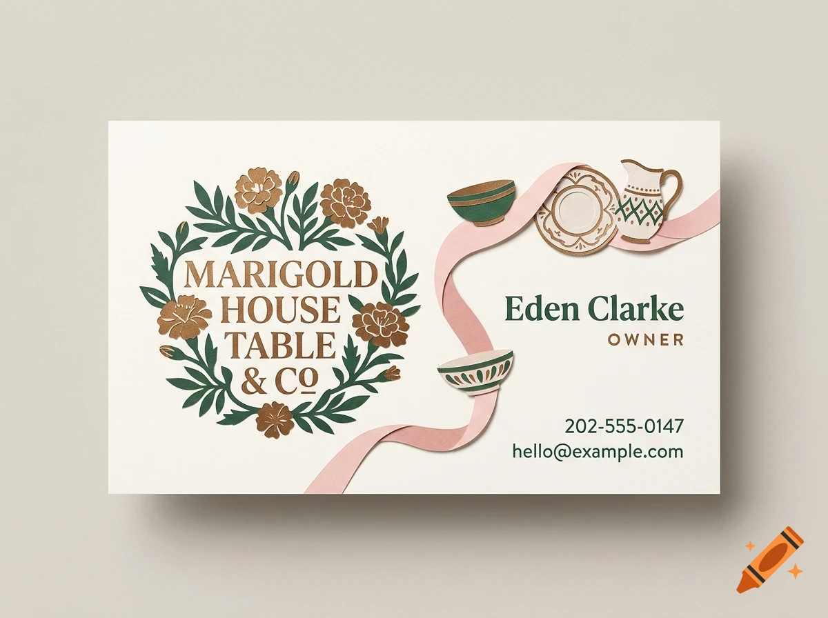 A business card for Marigold House Table & Co with floral wreath and tableware illustrations.
