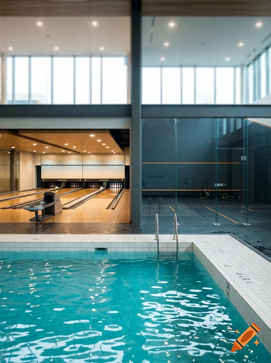 Photorealistic interior view of a modern multi-sports facility featuring a swimming pool, bowling alley, and squash court.