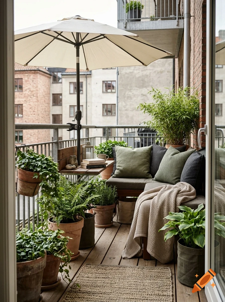 A cozy apartment balcony decorated with potted plants, a small bench with cushions, and a patio umbrella.