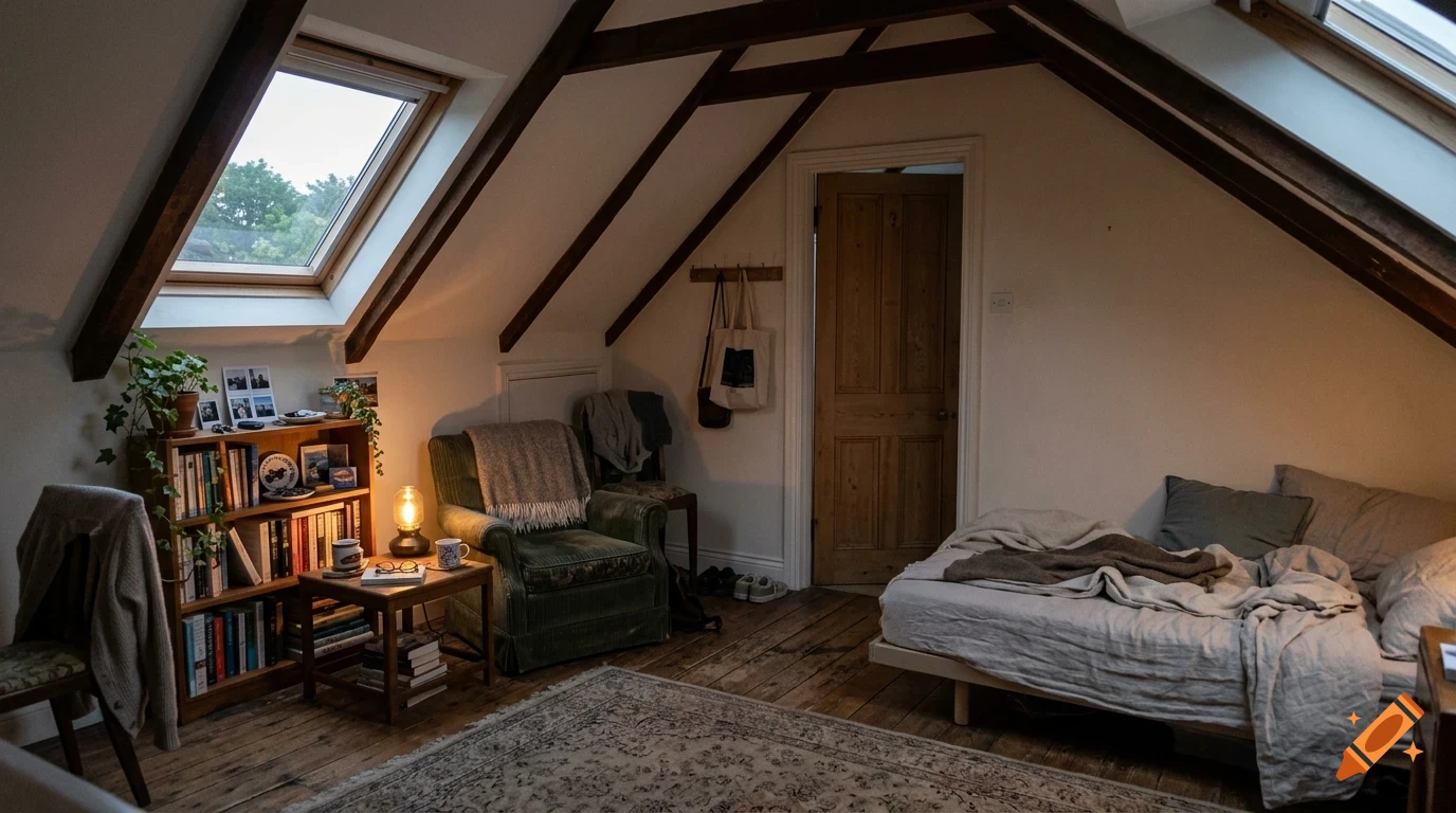 A cozy attic bedroom with sloped wooden beams, skylight windows, a bed with rumpled linens, a green armchair, bookshelf, and wooden floorboards.