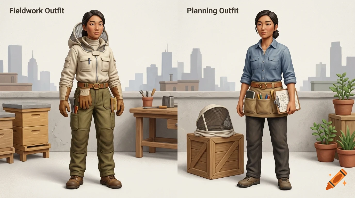 An illustration showing two outfits for a beekeeper, labeled Fieldwork Outfit and Planning Outfit against a city skyline background.