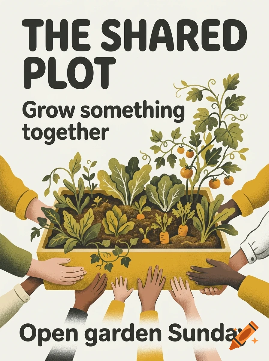 An illustrated poster with the text THE SHARED PLOT, showing multiple hands of different skin tones holding a yellow planter box filled with growing vegetables and leafy greens.