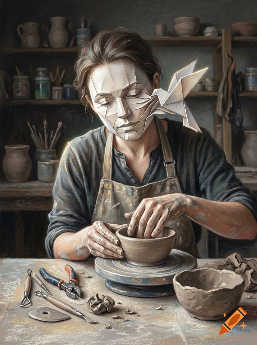 A woman wearing a faceted paper mask sculpts a clay pot in a workshop, with an origami bird emerging from her cheek.