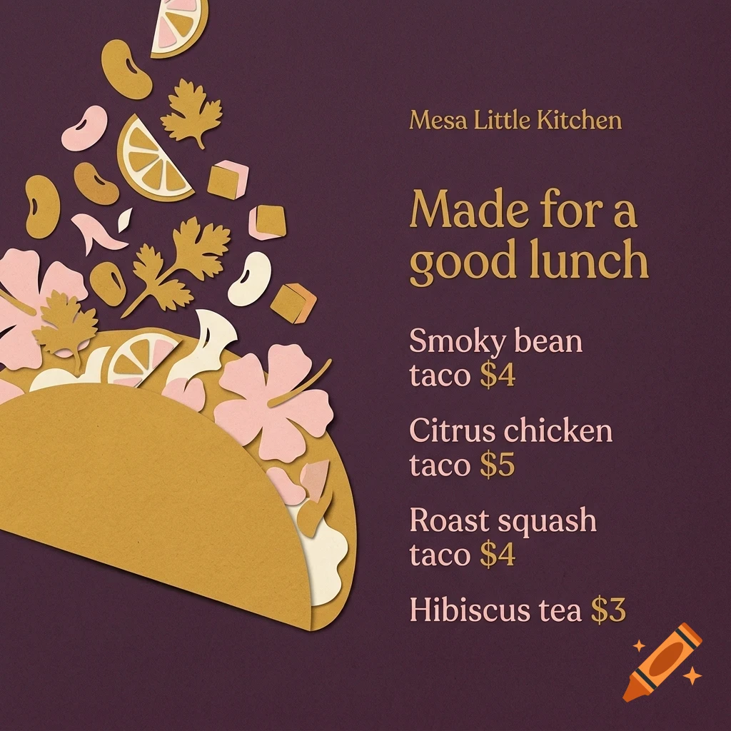 A menu illustration featuring a taco with ingredients falling into it and text on a dark purple background.
