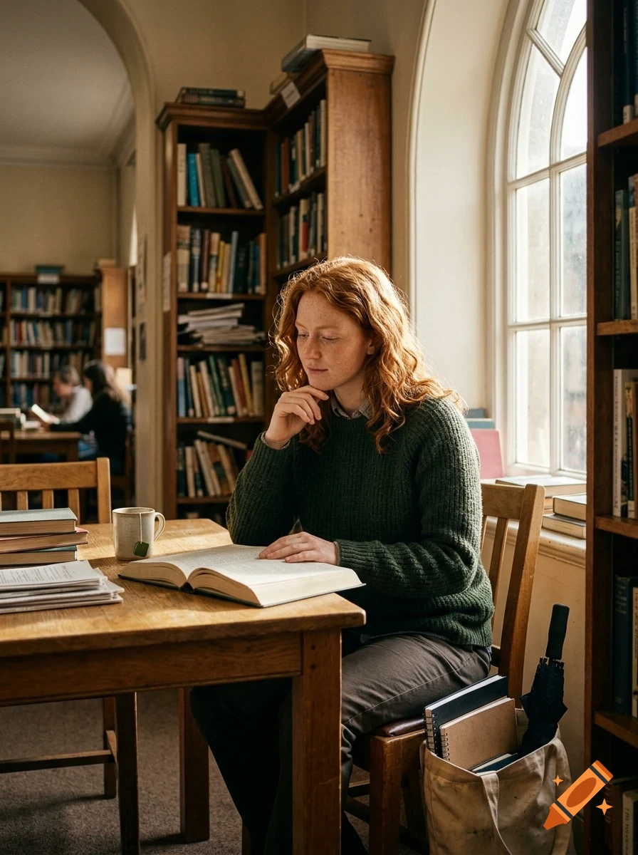 A woman with red hair wearing a green sweater sits at a wooden table in a library, reading an open book.